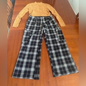 Forever 21 set brown crop sweater and Black and White Plaid Trousers